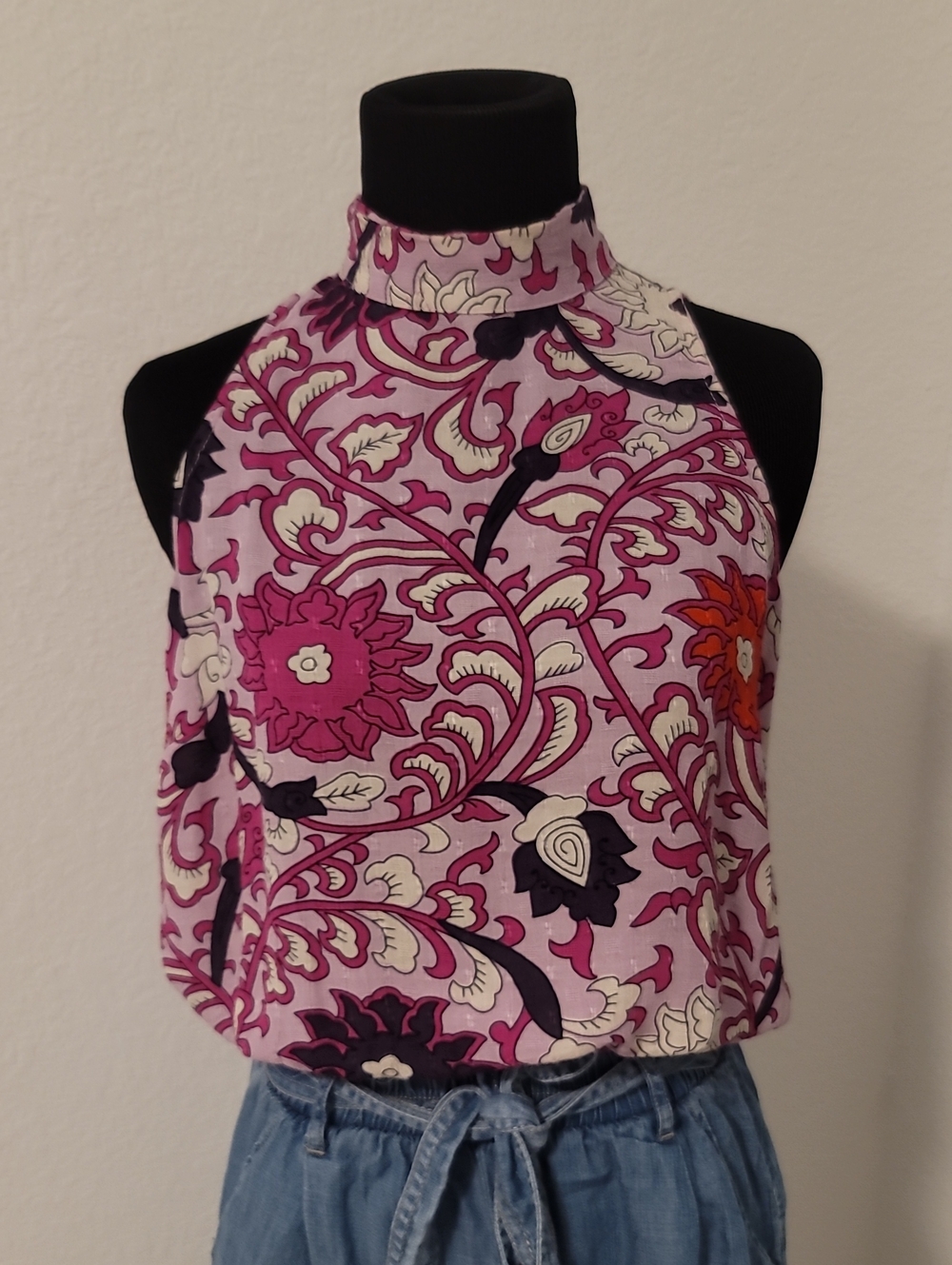Multi Color Floral Halter Top w/Mock Neck & Elastic Band Waist